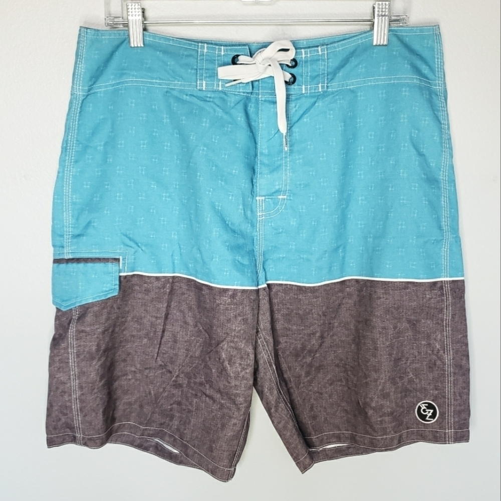 Ezekiel turquoise blue gray color block board shorts 34